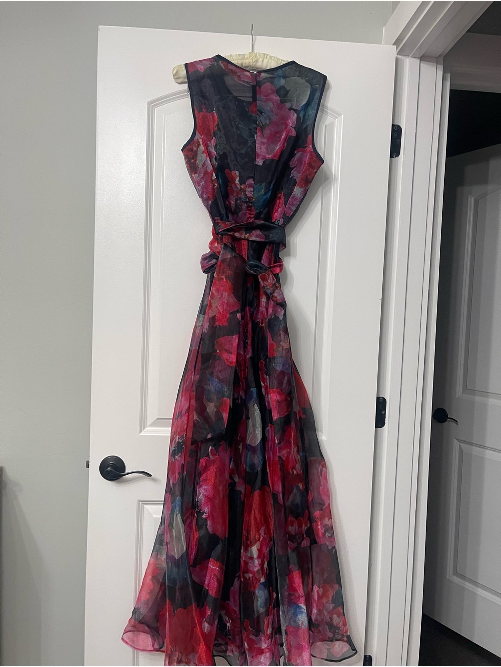 Eliza J. Floral Blue and Red Organza Wide Leg Jumpsuit Size 14 Quiet Luxury Y2k - Picture 13 of 15